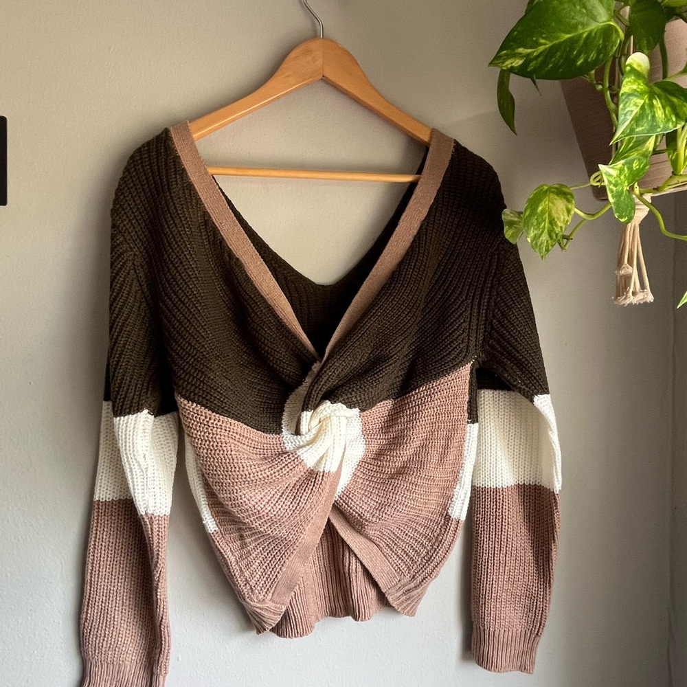 Poof! V-Neck Sweater in Brown, Cream, and Tan